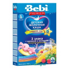 Каша Bebi Premium молочная 3 злака с малиной и мелиссой 200г (с 6мес) 