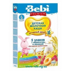 Каша Bebi Premium молочная 5 злаков с малиной и абрикосом с пребиот 200г (с 6мес)  